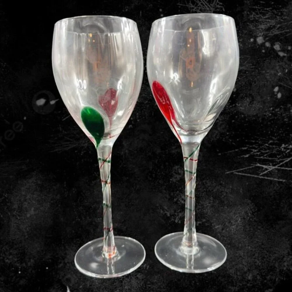 Pier 1 Red Green Swirl Wine Goblet Drinking Glasses Optic Discontinued Set of‎ 2